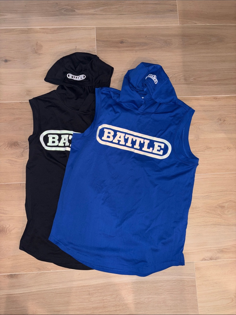 2 Men’s Battle Logo Hooded Sleeveless Tops - Blue & Black (100% polyester)